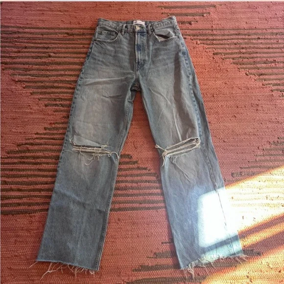 Zara Light Blue High Waisted Distressed Wide Leg Jeans - Picture 2 of 7